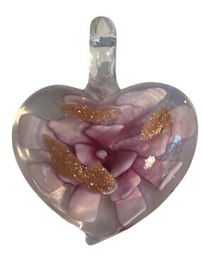 Glass Heart Pendant Pink Purple Flower Gold Glitter Accents Charm 1.75" 13.25g